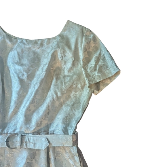Vtg 50s Syd Chicago ivory lame print belted scoop neck Trad Wife dress sz 4 - Picture 3 of 9